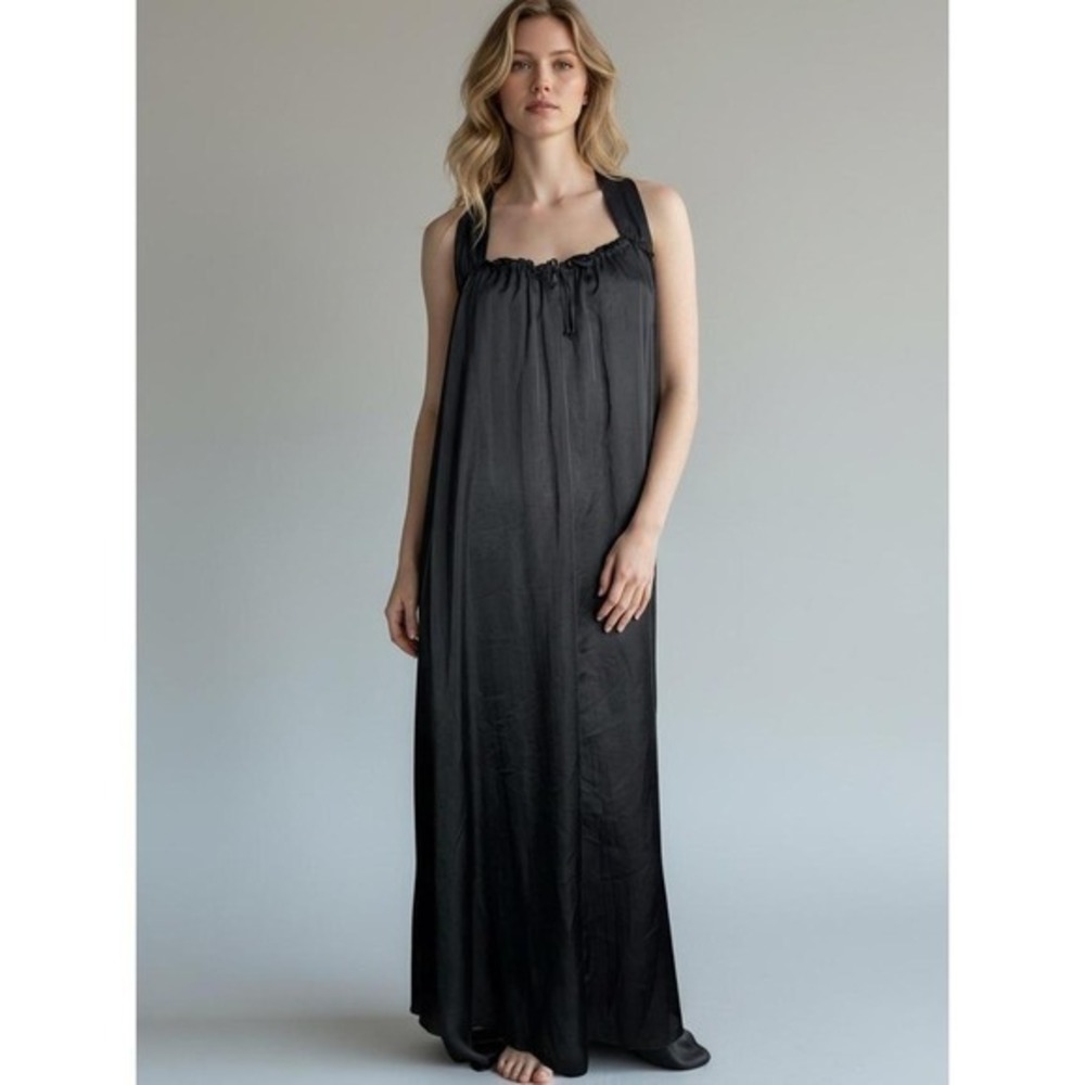 Donna Karan Sleepwear Black Maxi Nightgown Satin Look Sleeveless Racerback Small